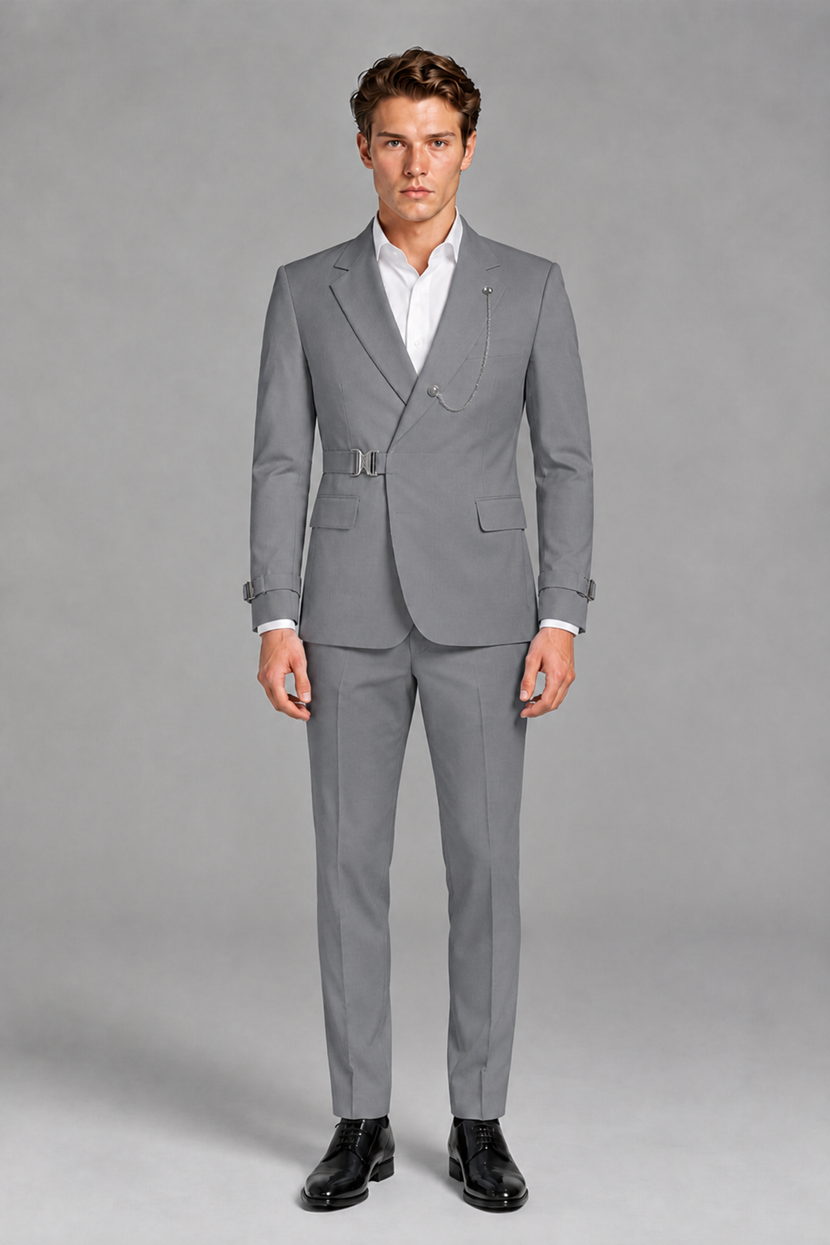 Savile Men's Gray Buckle-Closure 2-Piece Suit Set | Peak Lapel Blazer & Trousers - Gray