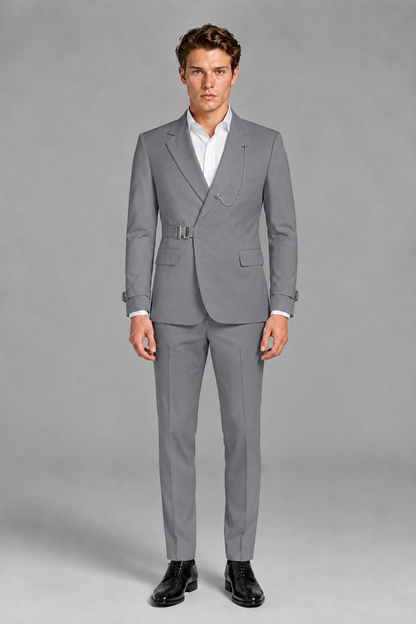Savile Men's Gray Buckle-Closure 2-Piece Suit Set | Peak Lapel Blazer & Trousers - Gray
