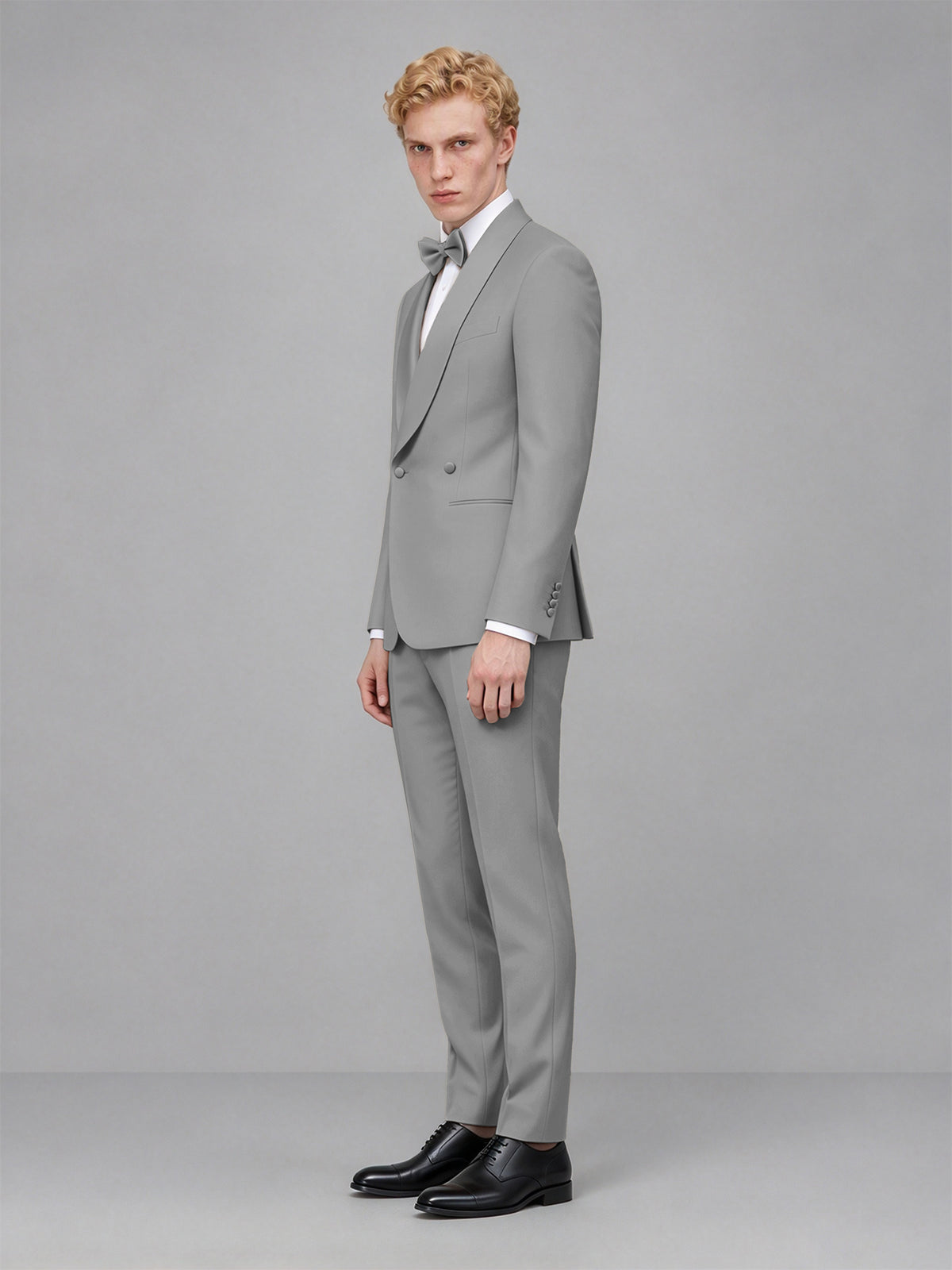 Men's Gray Single-Button Gray Satin Shawl Lapel Tuxedo Suit Set | Blazer & Trousers - Gray