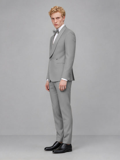 Men's Gray Single-Button Gray Satin Shawl Lapel Tuxedo Suit Set | Blazer & Trousers - Gray