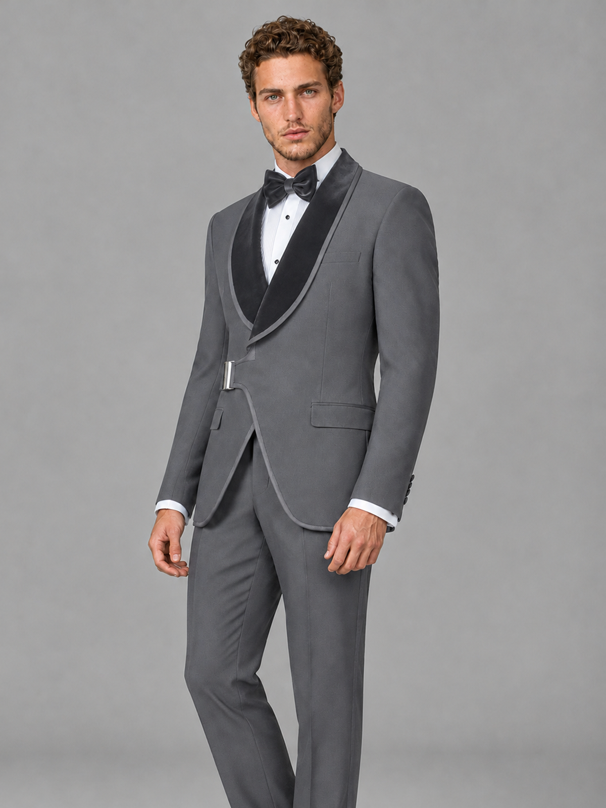 Savile Men's Gray Velvet Shawl Lapel Tuxedo Suit – Modern Side-Buckle Dinner Jacket & Trousers 2-Piece Set - Gray