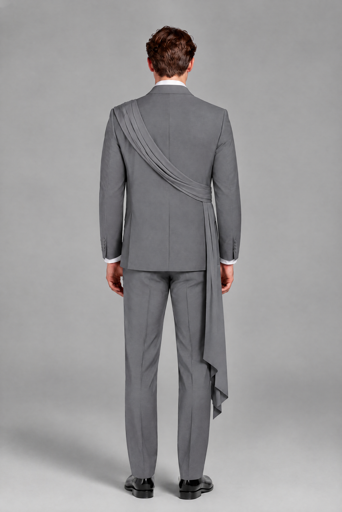 Men's Gray Draped Sash Suit – Peak Lapel 2-Piece Slim Fit Party, Gala & Wedding Set - Gray