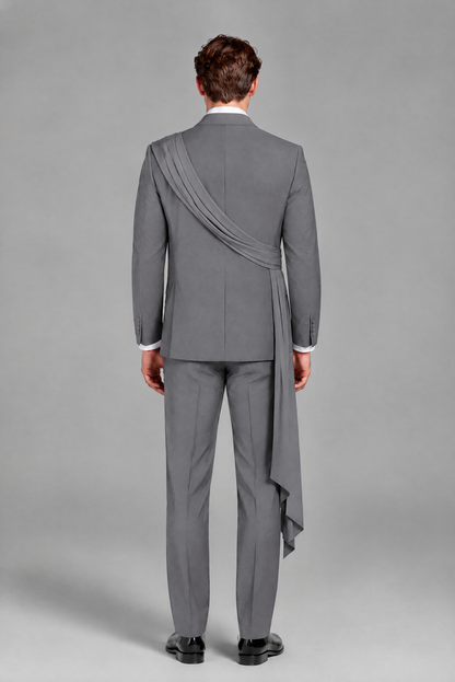 Men's Gray Draped Sash Suit – Peak Lapel 2-Piece Slim Fit Party, Gala & Wedding Set - Gray