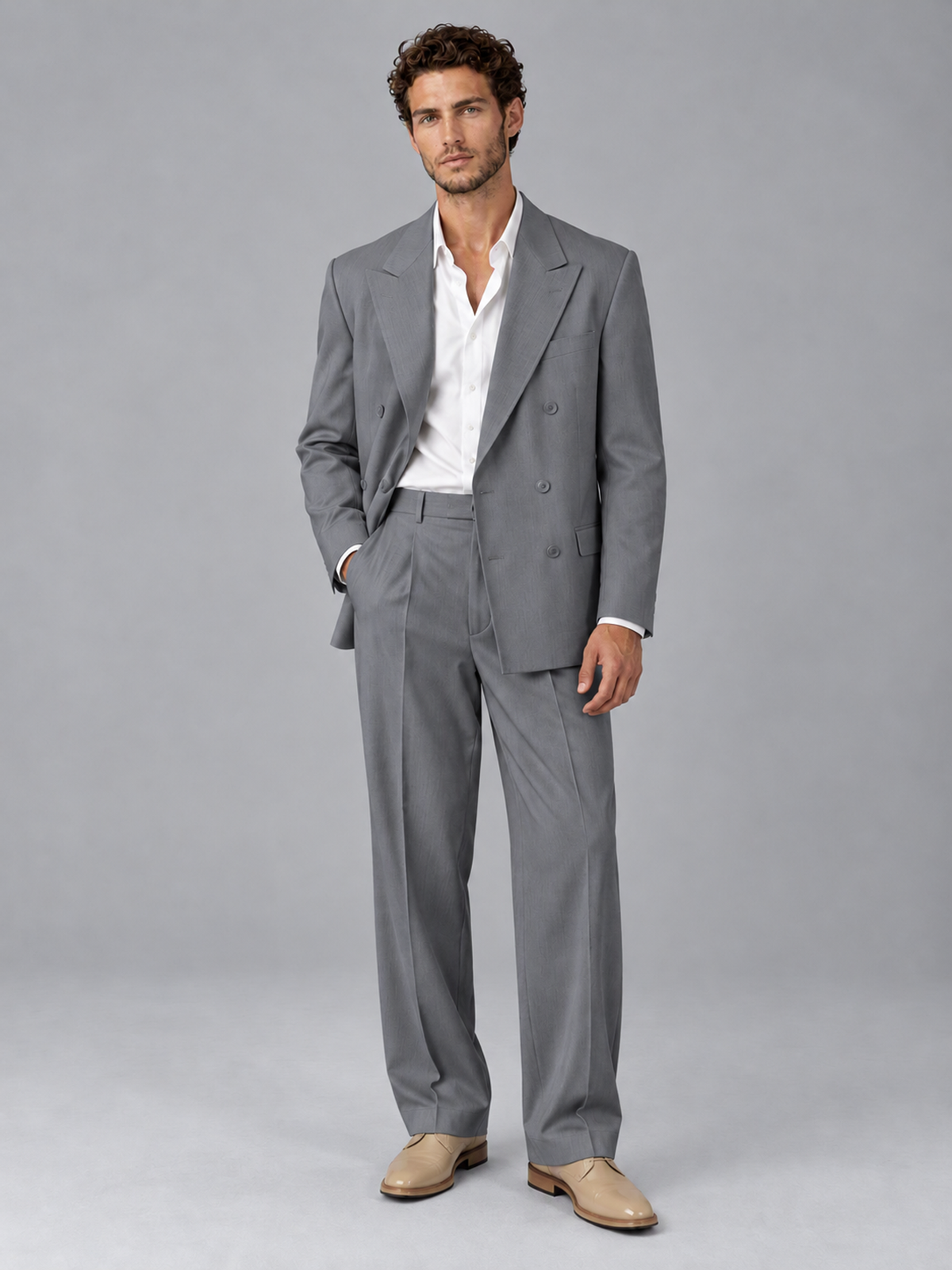 Savile Gray Beige Double-Breasted 2-Piece Suit with Peak Lapel - Gray