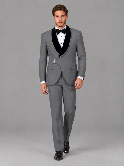 Savile Men's Gray Velvet Shawl Lapel Tuxedo Suit – Modern Side-Buckle Dinner Jacket & Trousers 2-Piece Set - Gray