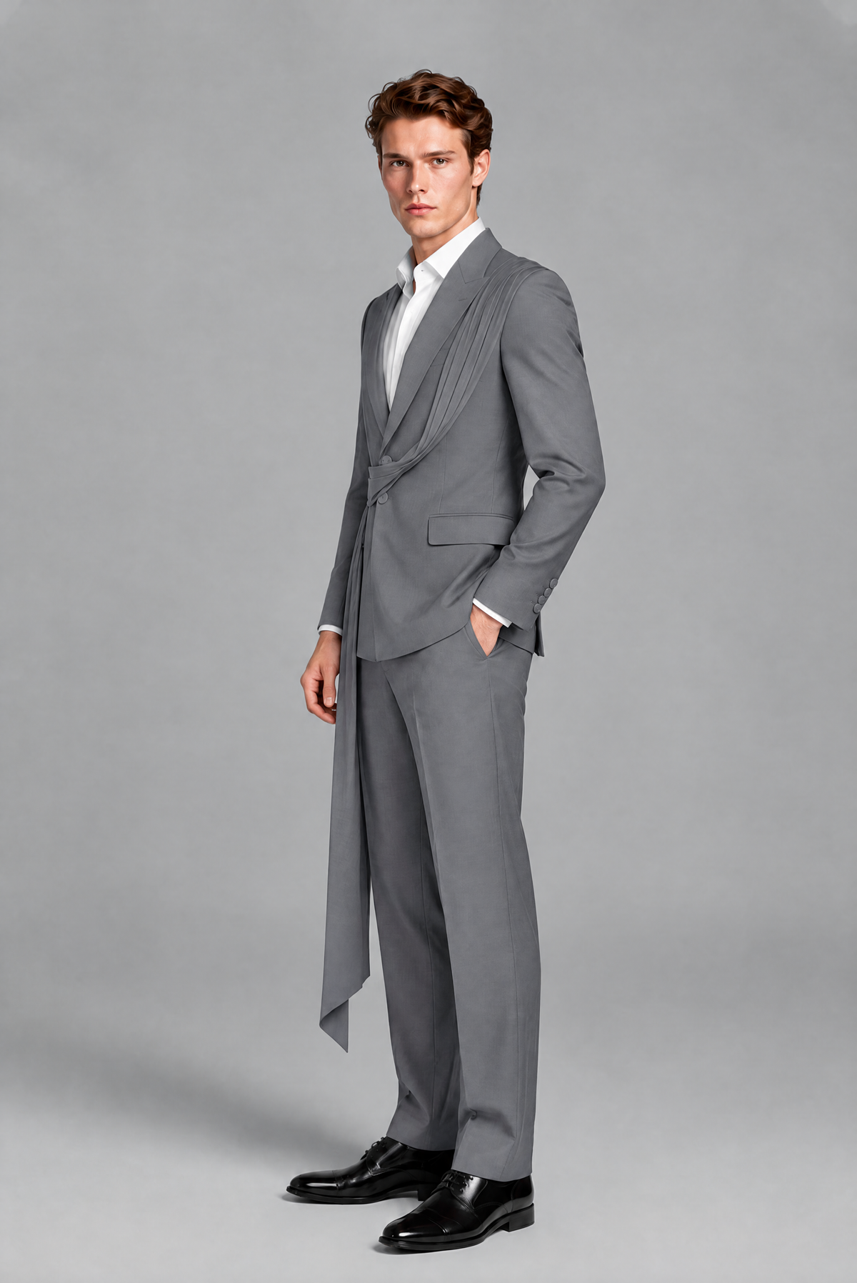Men's Gray Draped Sash Suit – Peak Lapel 2-Piece Slim Fit Party, Gala & Wedding Set - Gray