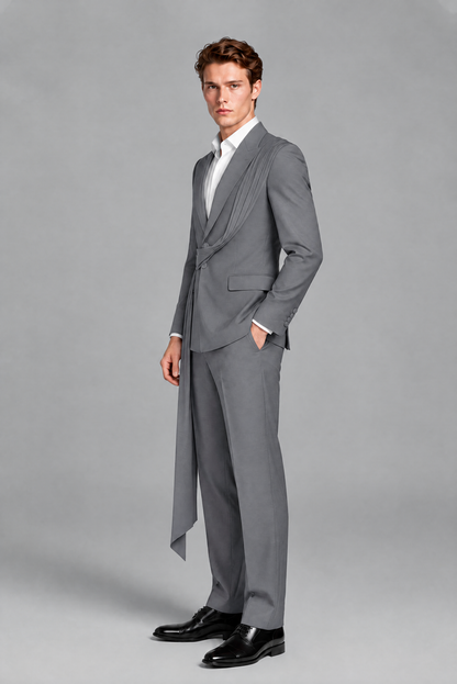 Men's Gray Draped Sash Suit – Peak Lapel 2-Piece Slim Fit Party, Gala & Wedding Set - Gray