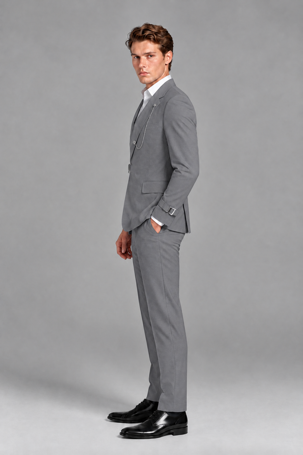 Savile Men's Gray Buckle-Closure 2-Piece Suit Set | Peak Lapel Blazer & Trousers - Gray