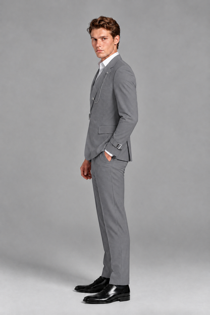 Savile Men's Gray Buckle-Closure 2-Piece Suit Set | Peak Lapel Blazer & Trousers - Gray
