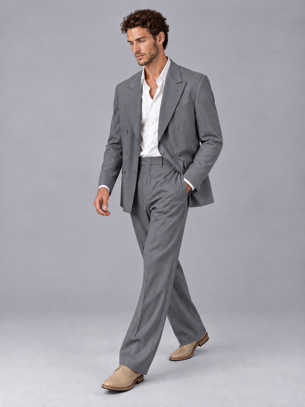 Savile Gray Beige Double-Breasted 2-Piece Suit with Peak Lapel - Gray