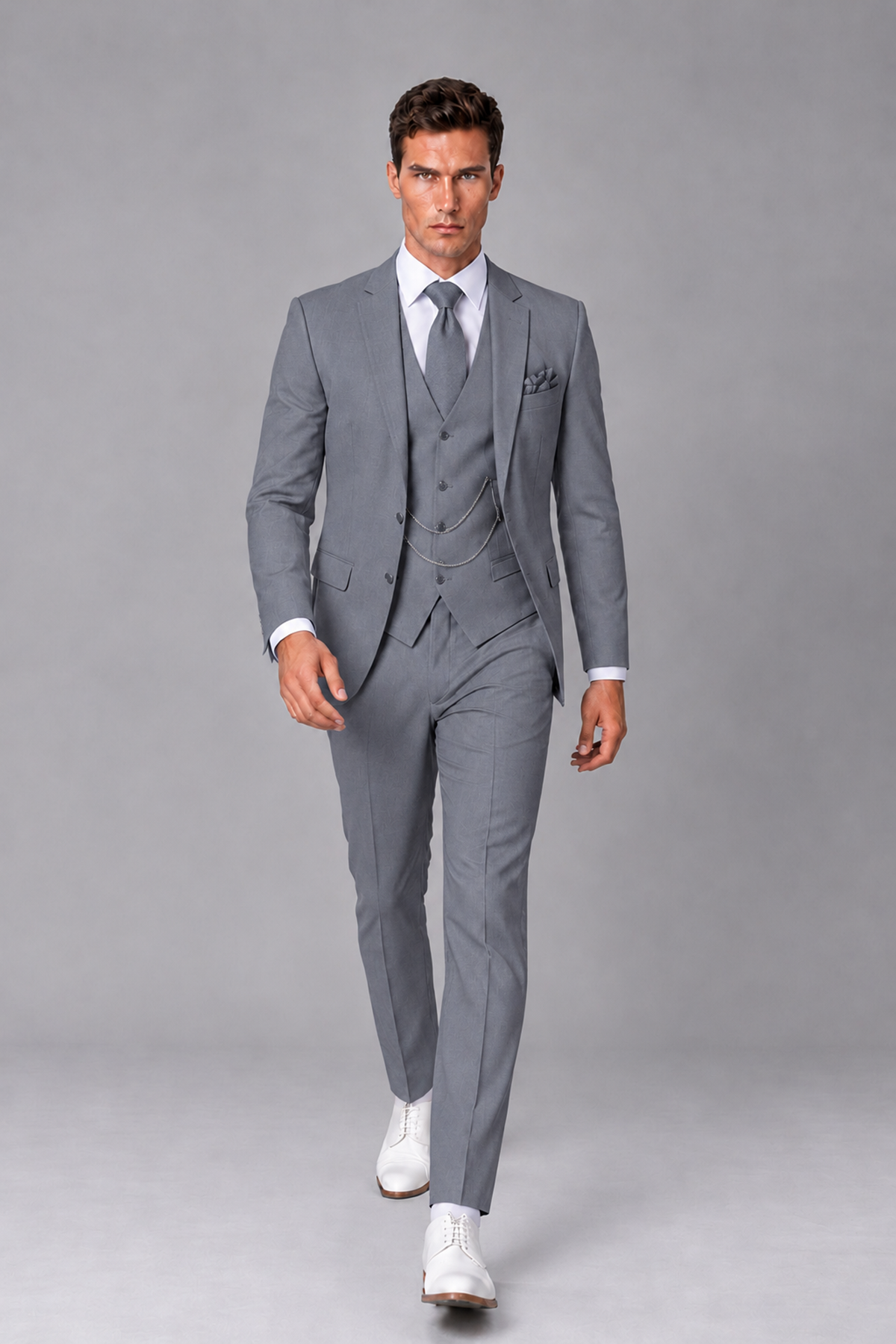 Savile Gray 3-Piece Suit with Notch Lapel & Chain Vest - Gray
