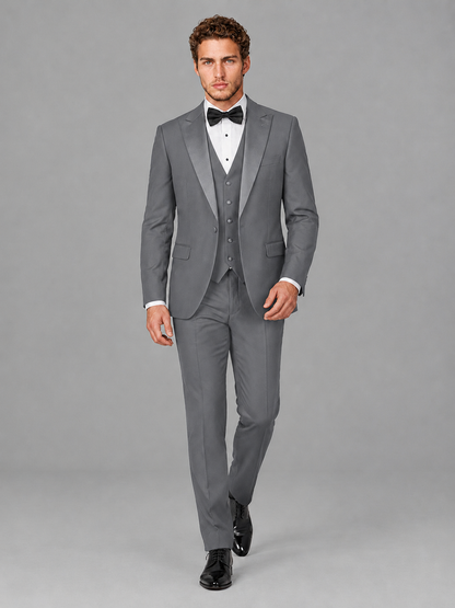 Savile Men's Gray Peak Lapel 3-Piece Tuxedo Suit | Jacket, Vest & Trousers - Gray