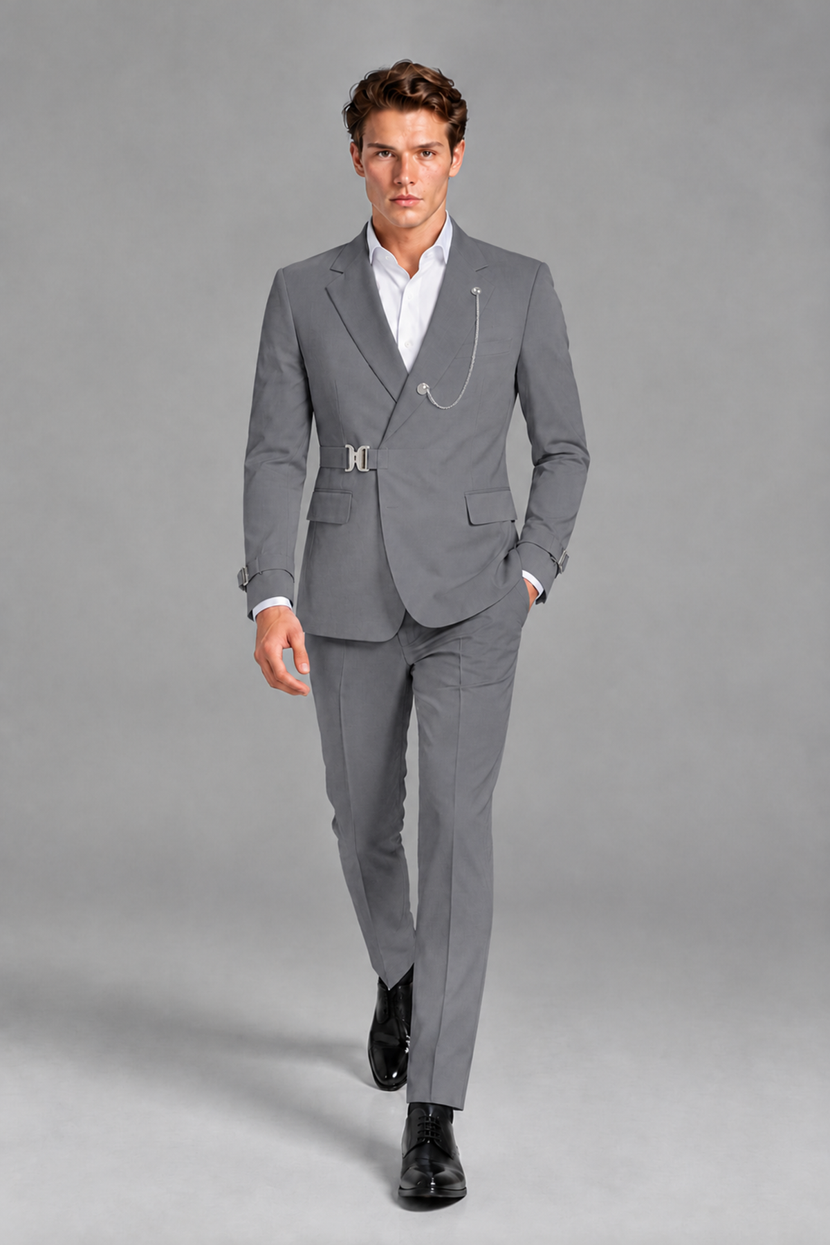 Savile Men's Gray Buckle-Closure 2-Piece Suit Set | Peak Lapel Blazer & Trousers - Gray