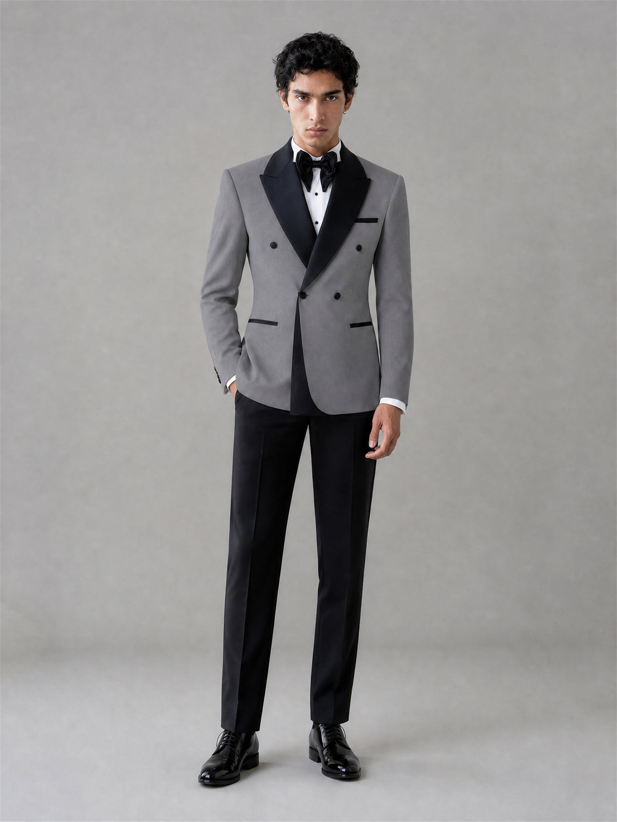 Men's Grey Double-Breasted Black Satin Peak Lapel Tuxedo Suit Set | Blazer & Trousers
