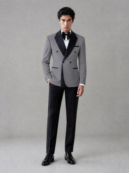 Men's Grey Double-Breasted Black Satin Peak Lapel Tuxedo Suit Set | Blazer & Trousers