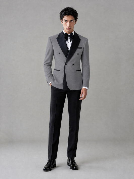 Men's Grey Double-Breasted Black Satin Peak Lapel Tuxedo Suit Set | Blazer & Trousers