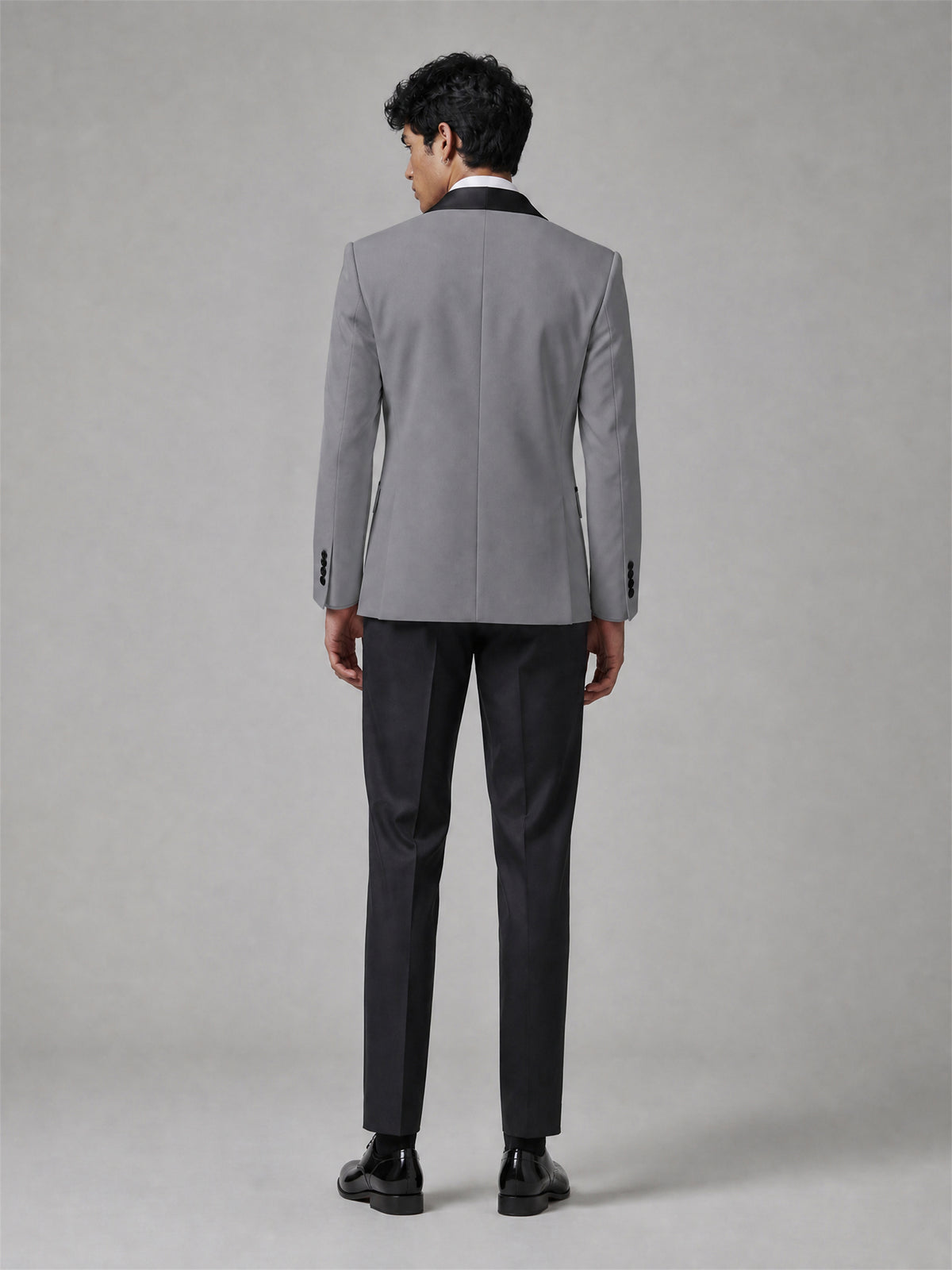 Men's Grey Double-Breasted Black Satin Peak Lapel Tuxedo Suit Set | Blazer & Trousers