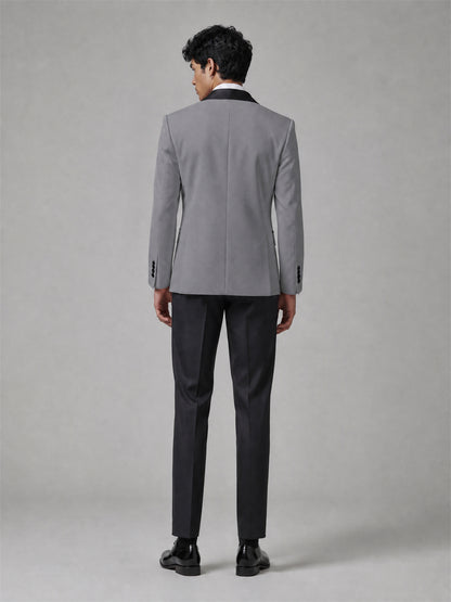 Men's Grey Double-Breasted Black Satin Peak Lapel Tuxedo Suit Set | Blazer & Trousers