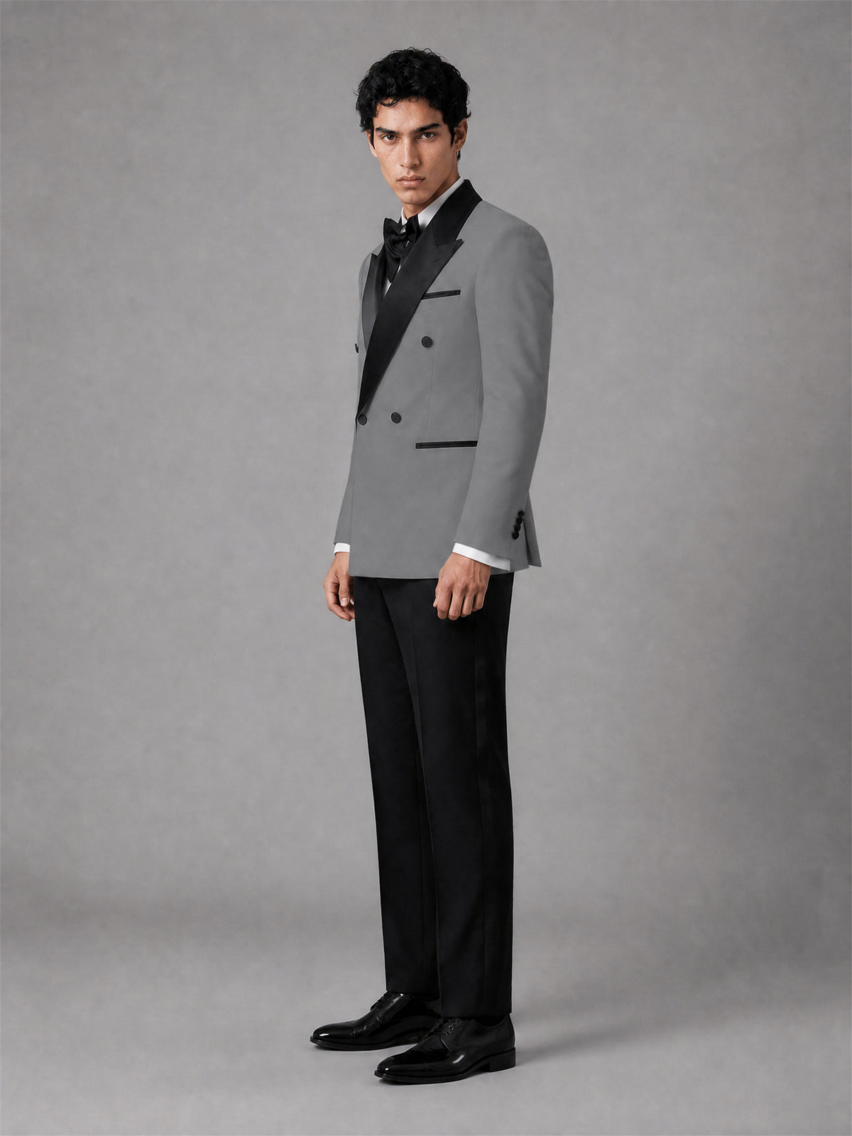Men's Grey Double-Breasted Black Satin Peak Lapel Tuxedo Suit Set | Blazer & Trousers