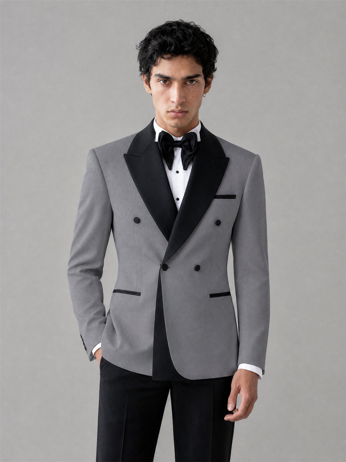 Men's Grey Double-Breasted Black Satin Peak Lapel Tuxedo Suit Set | Blazer & Trousers