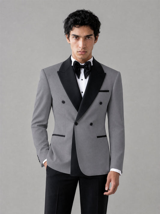 Men's Grey Double-Breasted Black Satin Peak Lapel Tuxedo Suit Set | Blazer & Trousers