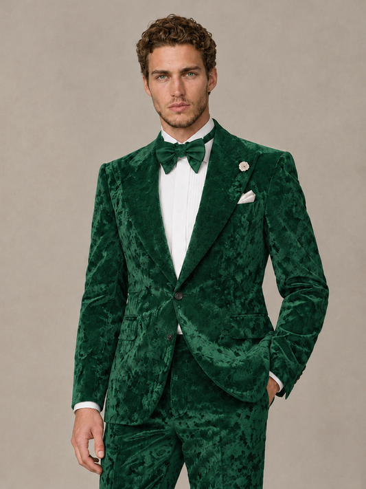 Savile Men's Green Crushed Velvet Peak Lapel 2-Piece Suit Set | Jacket & Trousers - Green - Green (1)