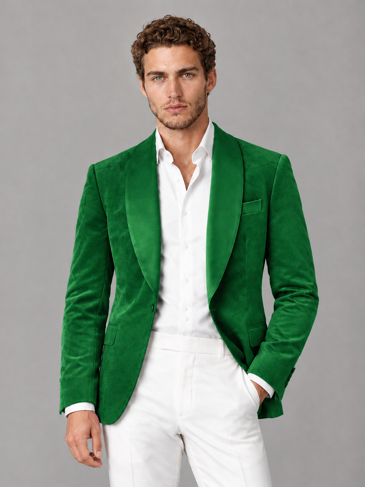 Savile Men's Green Velvet Shawl Lapel 2-Piece Tuxedo Suit Set | Jacket & White Trousers - Green - Green (1)