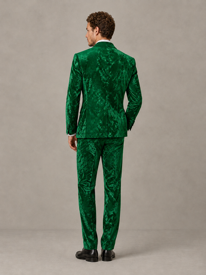 Savile Men's Green Crushed Velvet Peak Lapel 2-Piece Suit Set | Jacket & Trousers - Green - Green (2)