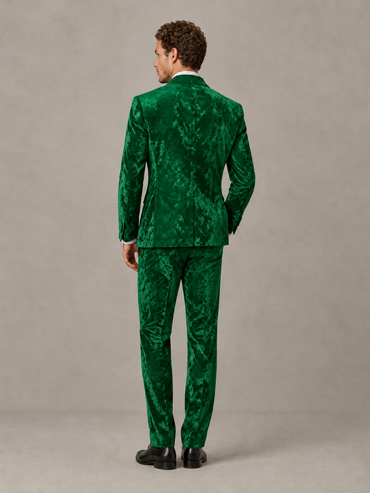 Savile Men's Green Crushed Velvet Peak Lapel 2-Piece Suit Set | Jacket & Trousers - Green - Green (2)