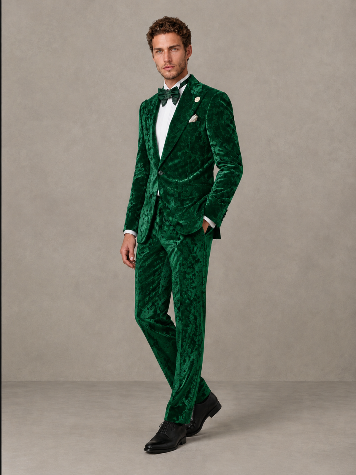 Savile Men's Green Crushed Velvet Peak Lapel 2-Piece Suit Set | Jacket & Trousers - Green - Green (3)
