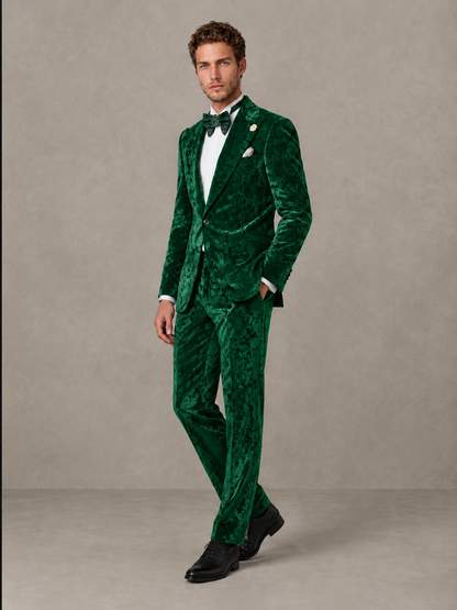 Savile Men's Green Crushed Velvet Peak Lapel 2-Piece Suit Set | Jacket & Trousers - Green - Green (3)