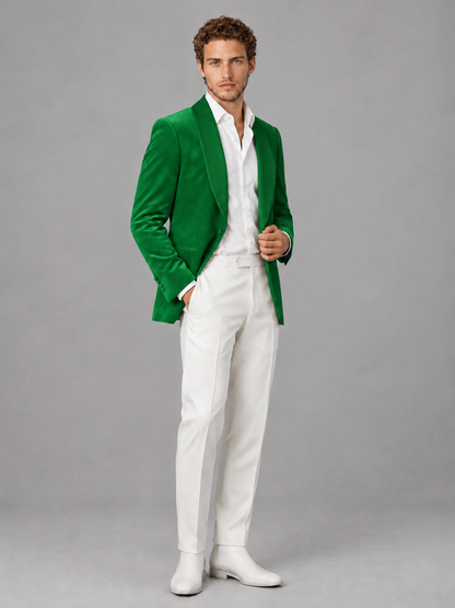 Savile Men's Green Velvet Shawl Lapel 2-Piece Tuxedo Suit Set | Jacket & White Trousers - Green - Green (3)