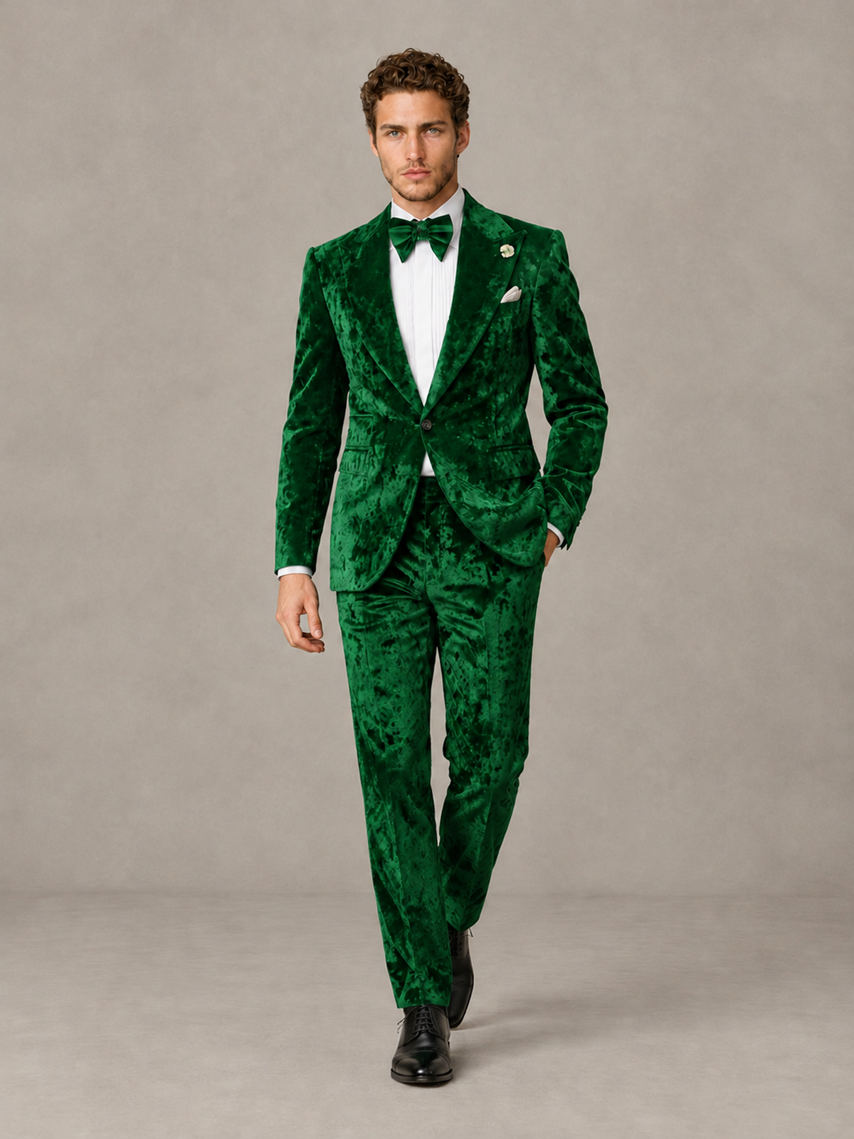 Savile Men's Green Crushed Velvet Peak Lapel 2-Piece Suit Set | Jacket & Trousers - Green - Green (4)