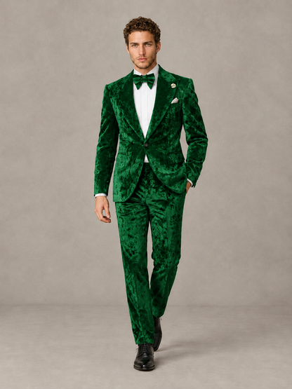 Savile Men's Green Crushed Velvet Peak Lapel 2-Piece Suit Set | Jacket & Trousers - Green - Green (4)