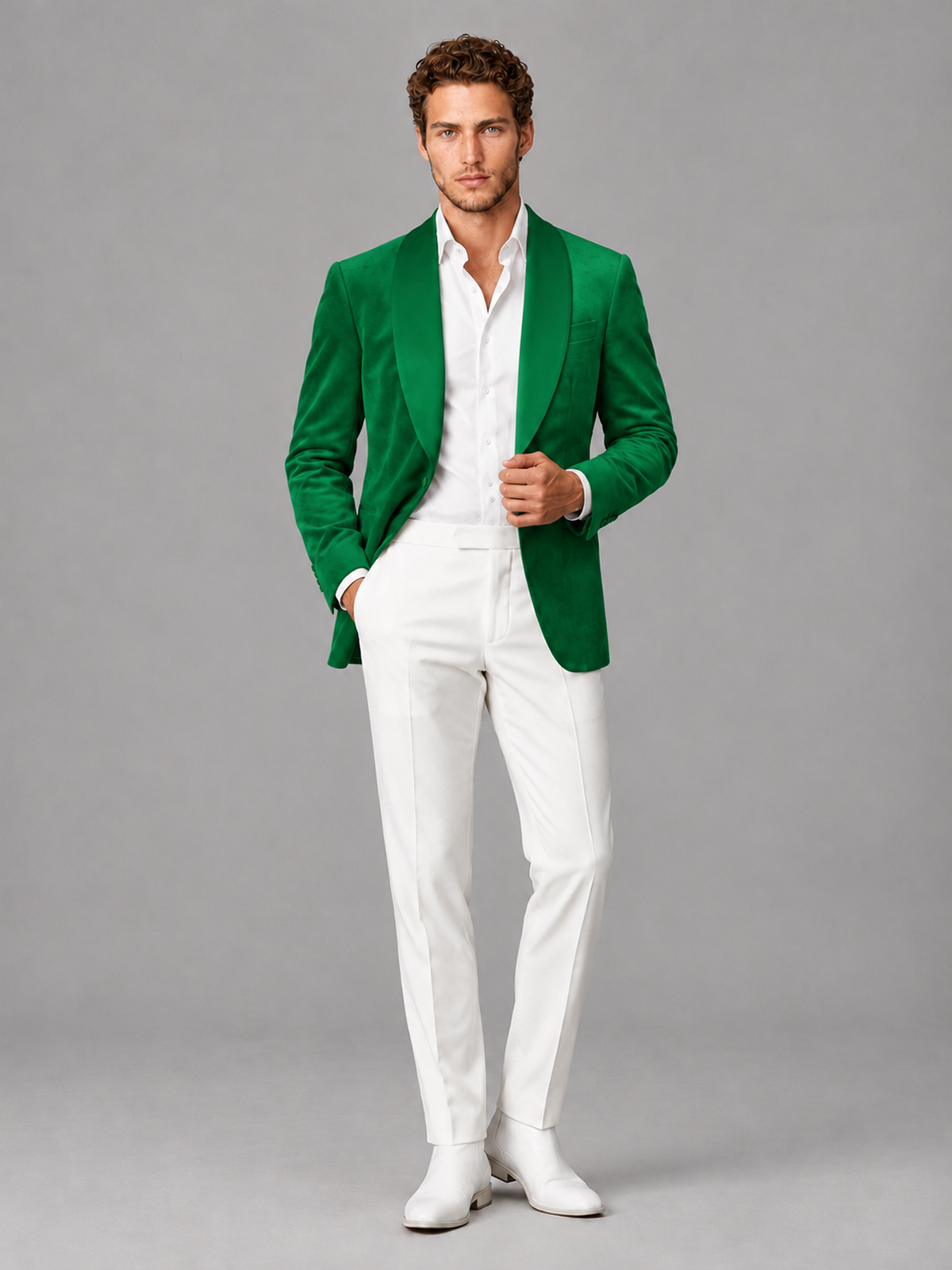 Savile Men's Green Velvet Shawl Lapel 2-Piece Tuxedo Suit Set | Jacket & White Trousers - Green - Green (4)