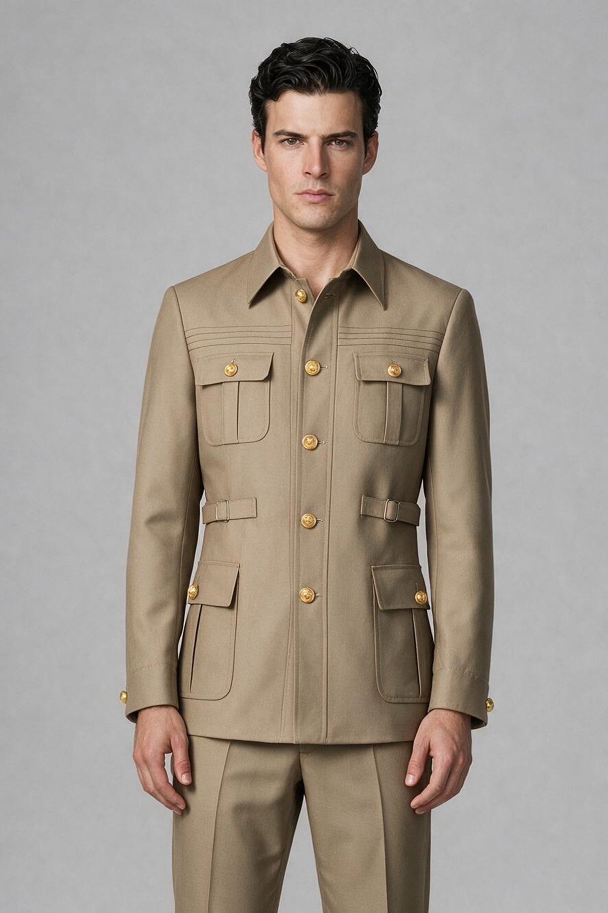 Back view of khaki jacket and matching trousers