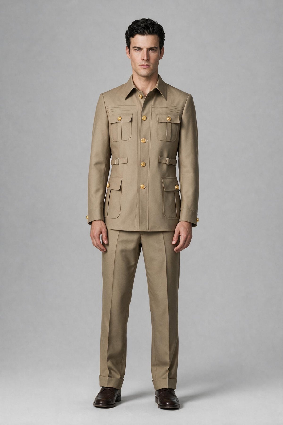 Front view of Savile khaki safari jacket and matching trousers two-piece set