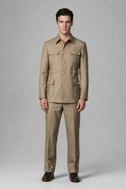 Front view of Savile khaki safari jacket and matching trousers two-piece set