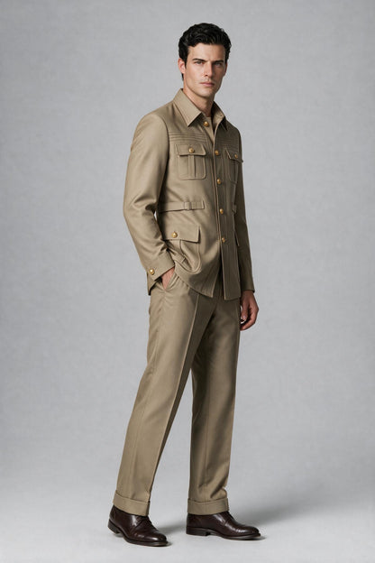 Savile khaki jacket and trousers shown in motion