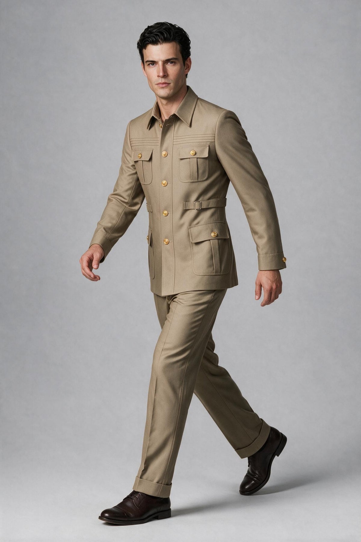 Three-quarter view of khaki safari jacket and trousers
