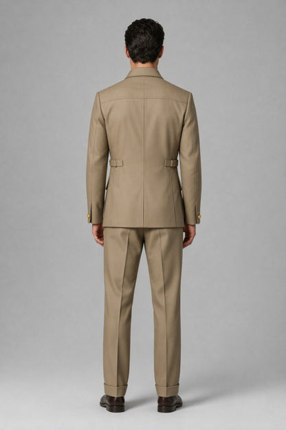 Close-up of khaki safari jacket with button front and flap pockets