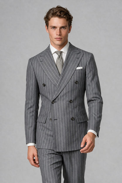 Savile Men's Grey Pinstripe Double-Breasted 2-Piece Suit – Jacket & Trousers | QX0102 - Grey