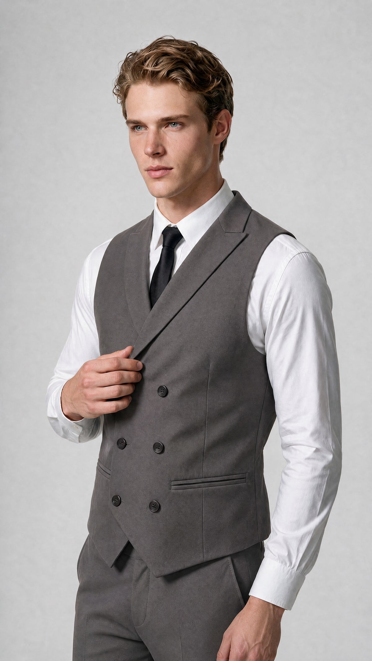 Men's Classic Grey Double-Breasted Shawl Lapel Suit Vest | Savile QX0100 - Grey