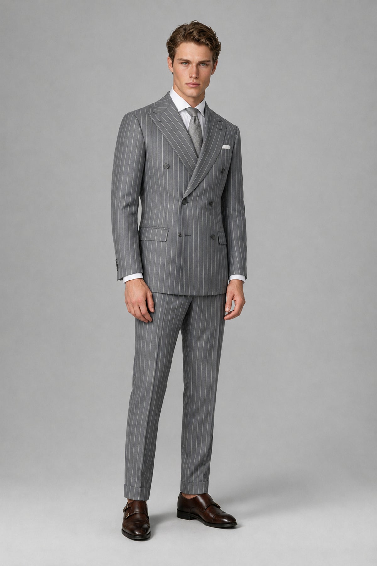 Savile Men's Grey Pinstripe Double-Breasted 2-Piece Suit – Jacket & Trousers | QX0102 - Grey
