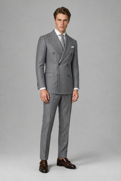 Savile Men's Grey Pinstripe Double-Breasted 2-Piece Suit – Jacket & Trousers | QX0102 - Grey
