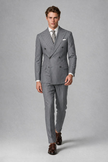 Savile Men's Grey Pinstripe Double-Breasted 2-Piece Suit – Jacket & Trousers | QX0102 - Grey
