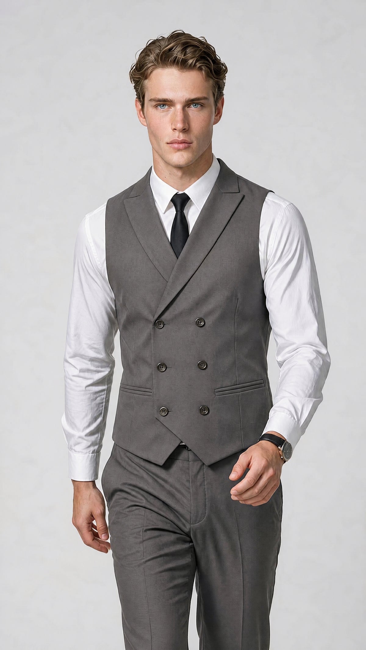 Men's Classic Grey Double-Breasted Shawl Lapel Suit Vest | Savile QX0100 - Grey