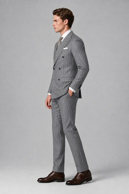 Savile Men's Grey Pinstripe Double-Breasted 2-Piece Suit – Jacket & Trousers | QX0102 - Grey
