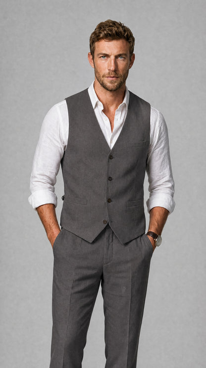 Men's Grey Linen Blend Single-Breasted V-Neck Suit Vest | Savile QX0101 - Grey
