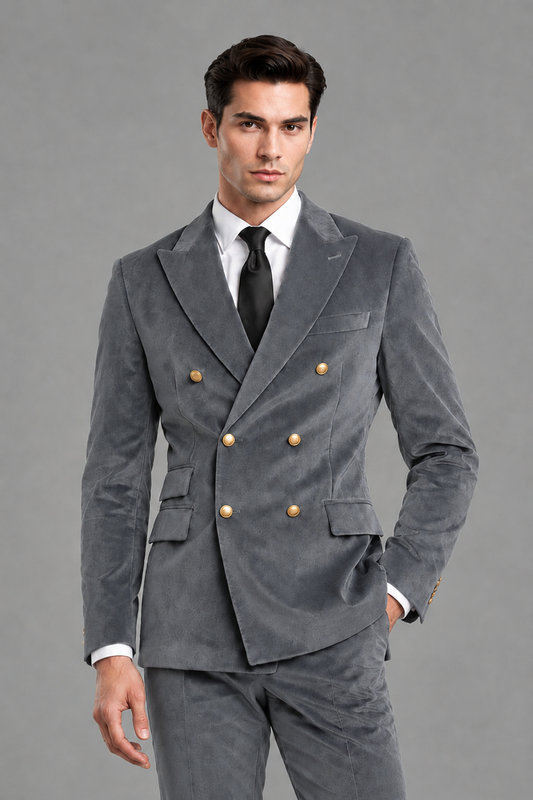 Savile Men's Grey Velvet Double-Breasted 2-Piece Suit Set | Peak Lapel Blazer & Trousers - Grey